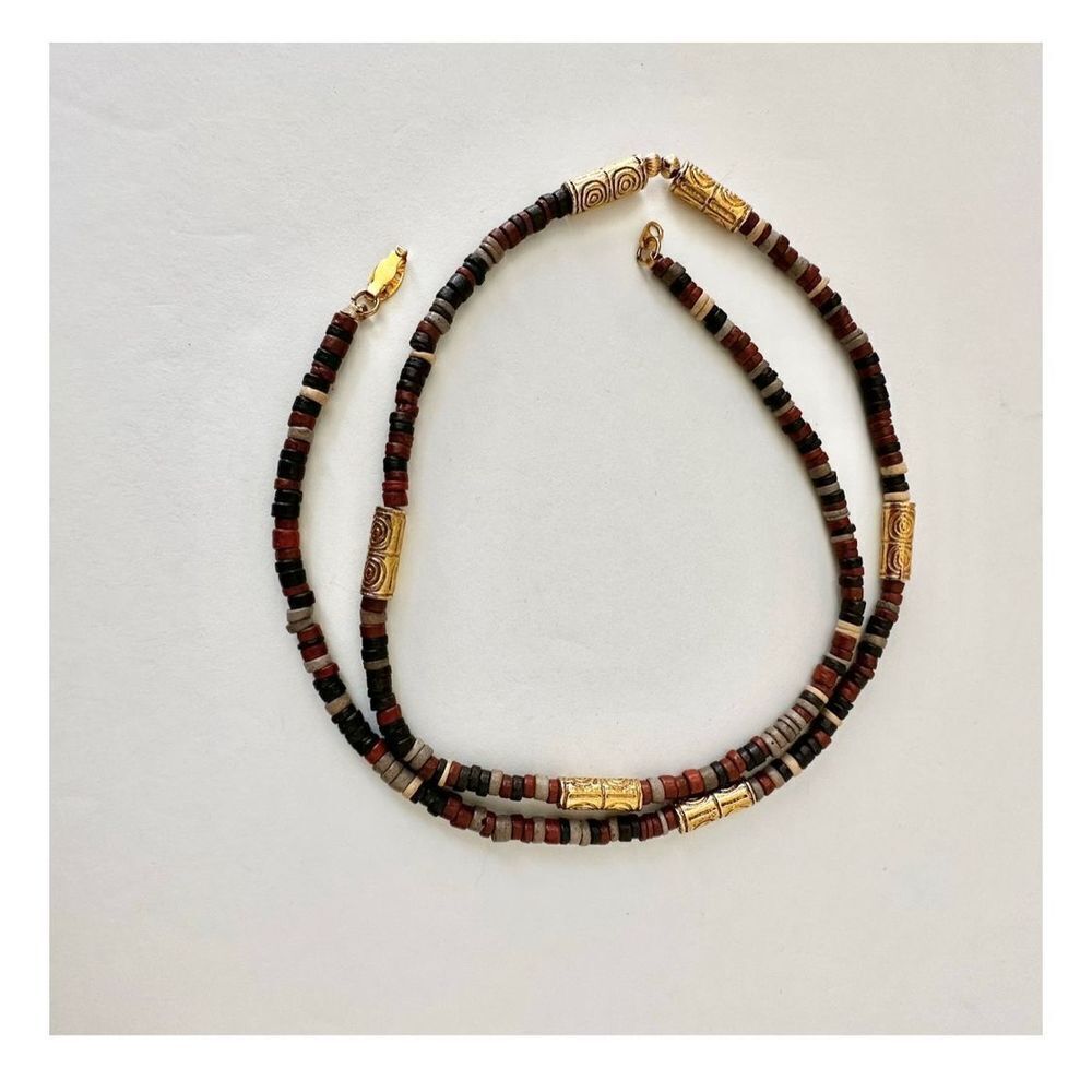 Brown black and gold tone beaded long necklace